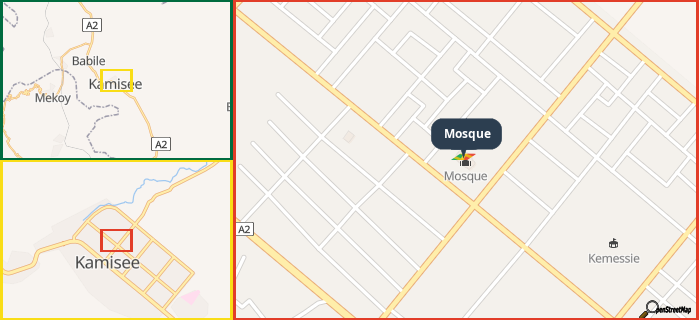 Map showing the address of Mosque in three different zoom levels.