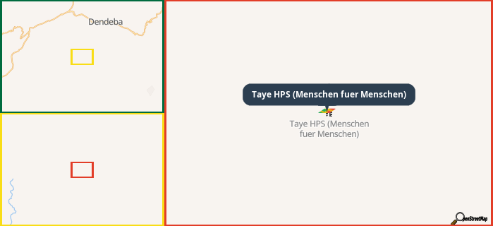 Map showing the address of Taye HPS (Menschen fuer Menschen) in three different zoom levels.