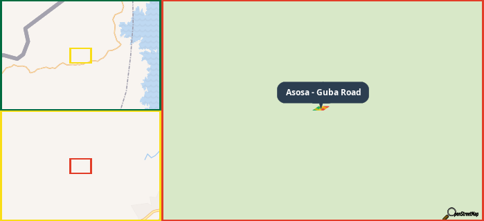 Map showing the address of Asosa - Guba Road in three different zoom levels.