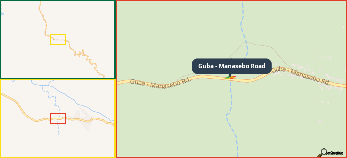 Map showing the address of Guba - Manasebo Road in three different zoom levels.