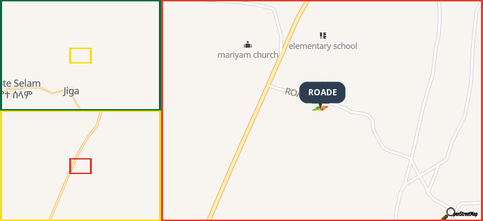 Map showing the address of ROADE in three different zoom levels.