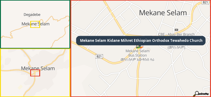 Map showing the address of Mekane Selam Kidane Mihret Ethiopian Orthodox Tewahedo Church in three different zoom levels.