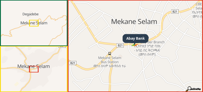 Map showing the address of Abay Bank in three different zoom levels.
