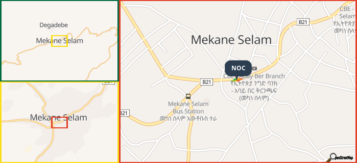 Map showing the address of NOC in three different zoom levels.