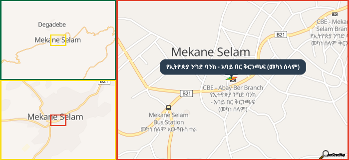Map showing the address of የኢትዮጵያ ንግድ ባንክ - አባይ በር ቅርንጫፍ (መካነ ሰላም) in three different zoom levels.