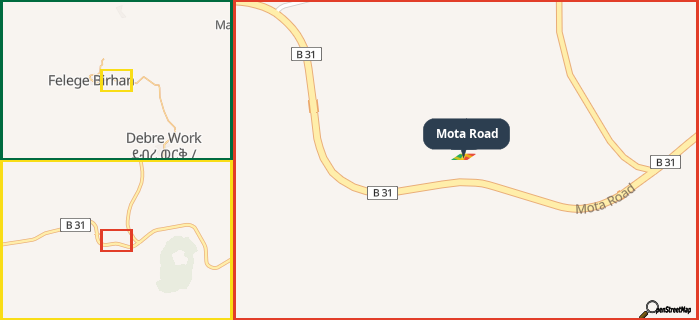 Map showing the address of Mota Road in three different zoom levels.