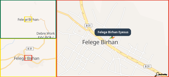 Map showing the address of Felege Birhan Eyesus in three different zoom levels.