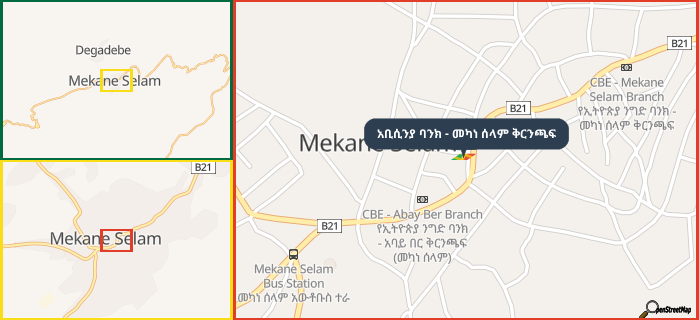 Map showing the address of አቢሲንያ ባንክ - መካነ ሰላም ቅርንጫፍ in three different zoom levels.