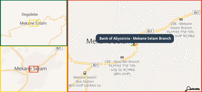 Map showing the address of Bank of Abyssinia - Mekane Selam Branch in three different zoom levels.