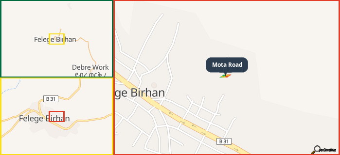 Map showing the address of Mota Road in three different zoom levels.