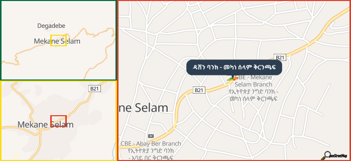 Map showing the address of ዳሸን ባንክ - መካነ ሰላም ቅርንጫፍ in three different zoom levels.