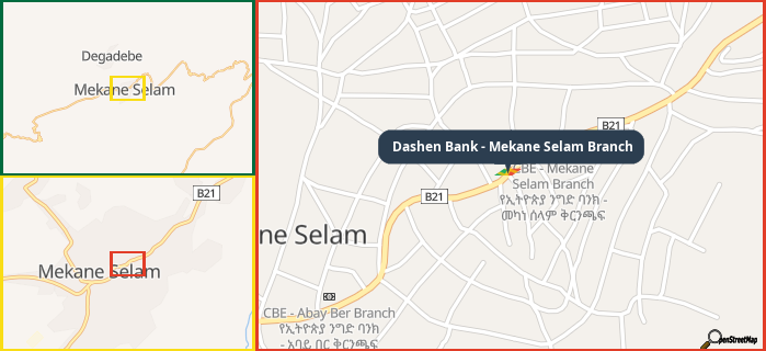 Map showing the address of Dashen Bank - Mekane Selam Branch in three different zoom levels.