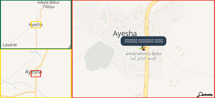 Map showing the address of المسجد المركزي آيشا in three different zoom levels.