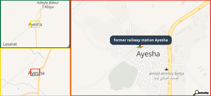 Map showing the address of former railway station Ayesha in three different zoom levels.