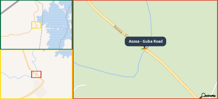 Map showing the address of Asosa - Guba Road in three different zoom levels.