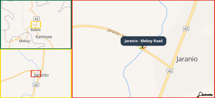 Map showing the address of Jaranio - Mekoy Road in three different zoom levels.