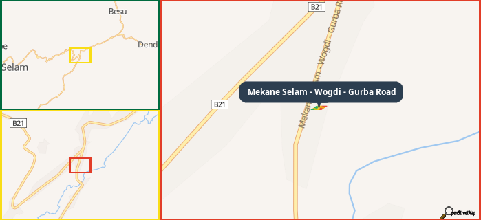 Map showing the address of Mekane Selam - Wogdi - Gurba Road in three different zoom levels.