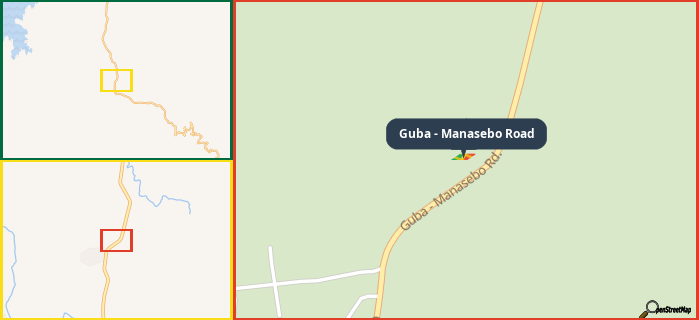 Map showing the address of Guba - Manasebo Road in three different zoom levels.