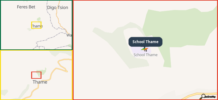 Map showing the address of School Thame in three different zoom levels.