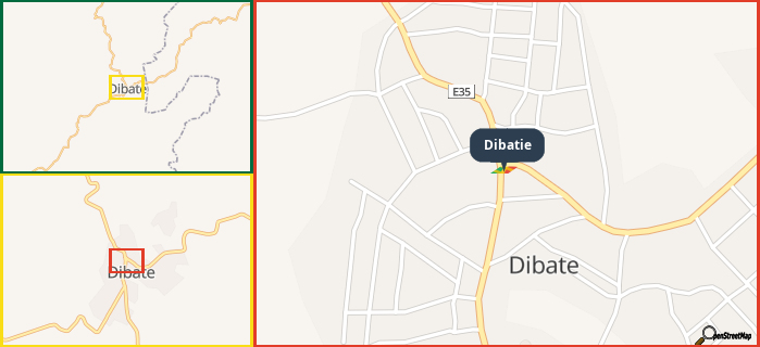 Map showing the address of Dibatie in three different zoom levels.