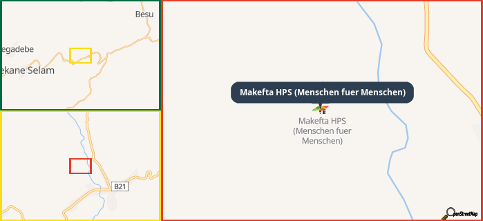 Map showing the address of Makefta HPS (Menschen fuer Menschen) in three different zoom levels.