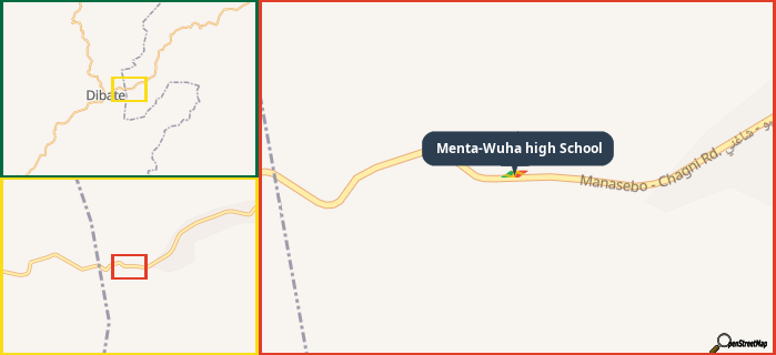 Map showing the address of Menta-Wuha high School in three different zoom levels.