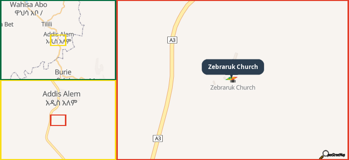 Map showing the address of Zebraruk Church in three different zoom levels.