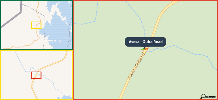 Map showing the address of Asosa - Guba Road in three different zoom levels.