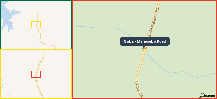 Map showing the address of Guba - Manasebo Road in three different zoom levels.