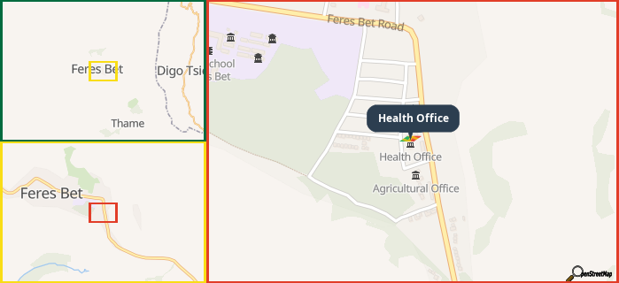 Map showing the address of Health Office in three different zoom levels.