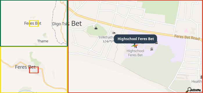Map showing the address of Highschool Feres Bet in three different zoom levels.