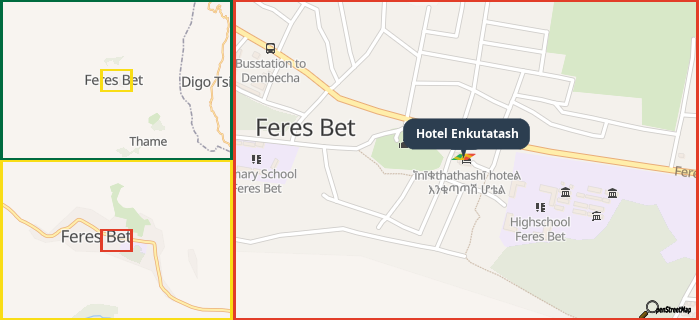 Map showing the address of Hotel Enkutatash in three different zoom levels.