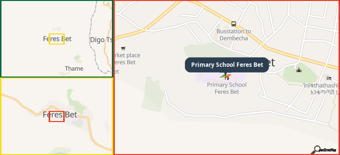 Map showing the address of Primary School Feres Bet in three different zoom levels.