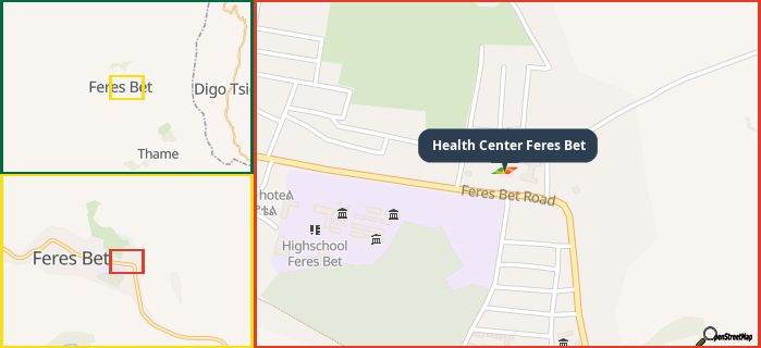 Map showing the address of Health Center Feres Bet in three different zoom levels.