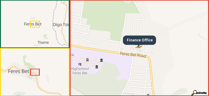 Map showing the address of Finance Office in three different zoom levels.