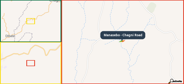 Map showing the address of Manasebo - Chagni Road in three different zoom levels.