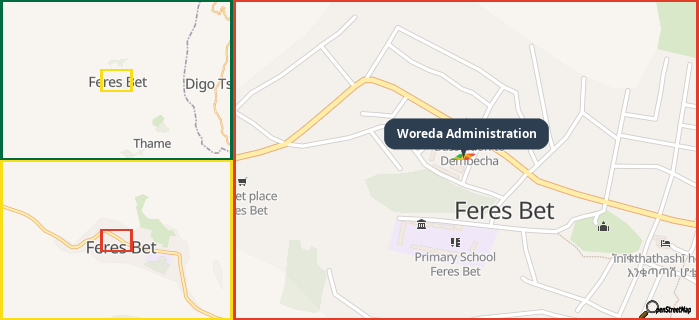 Map showing the address of Woreda Administration in three different zoom levels.