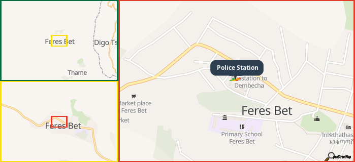 Map showing the address of Police Station in three different zoom levels.