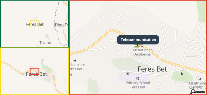 Map showing the address of Telecommunication in three different zoom levels.