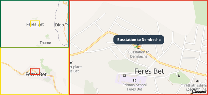 Map showing the address of Busstation to Dembecha in three different zoom levels.