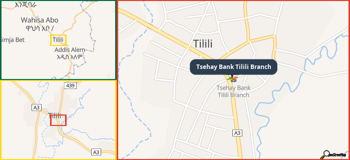 Map showing the address of Tsehay Bank Tilili Branch in three different zoom levels.