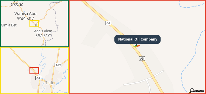 Map showing the address of National Oil Company in three different zoom levels.