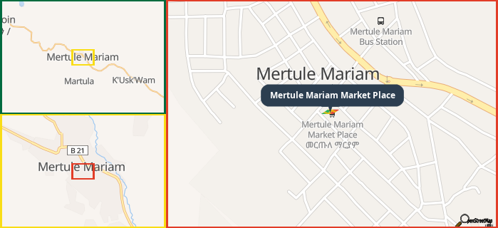 Map showing the address of Mertule Mariam Market Place in three different zoom levels.