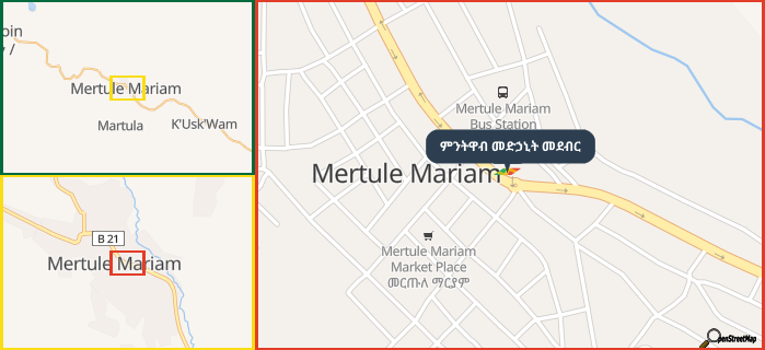 Map showing the address of ምንትዋብ መድኃኒት መደብር in three different zoom levels.