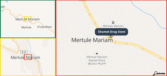 Map showing the address of Shumet Drug Store in three different zoom levels.