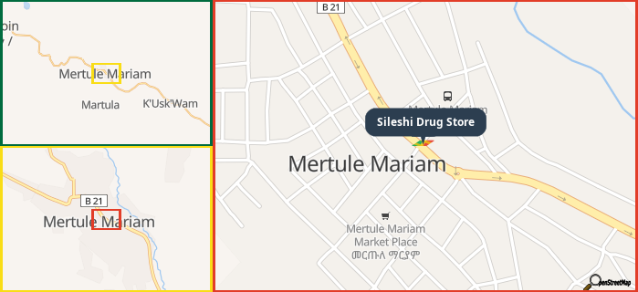 Map showing the address of Sileshi Drug Store in three different zoom levels.