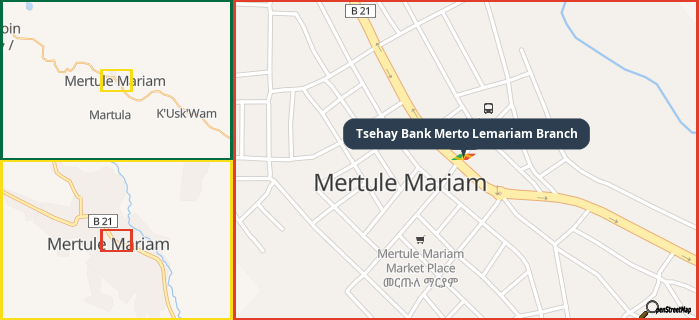 Map showing the address of Tsehay Bank Merto Lemariam Branch in three different zoom levels.