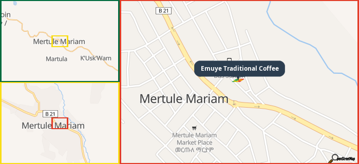Map showing the address of Emuye Traditional Coffee in three different zoom levels.