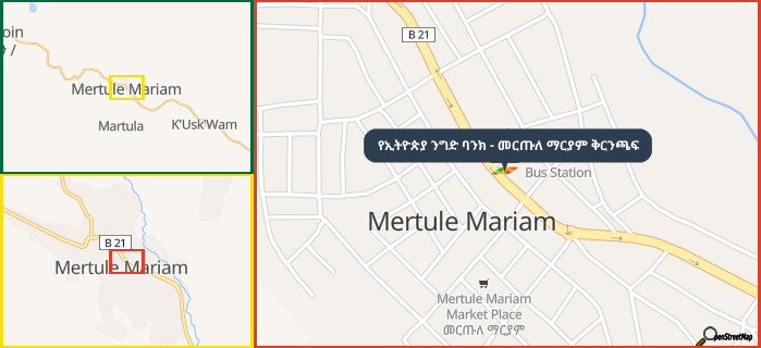 Map showing the address of የኢትዮጵያ ንግድ ባንክ - መርጡለ ማርያም ቅርንጫፍ in three different zoom levels.