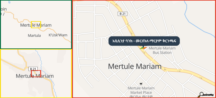 Map showing the address of አቢሲንያ ባንክ - መርጡለ-ማርያም ቅርንጫፍ in three different zoom levels.
